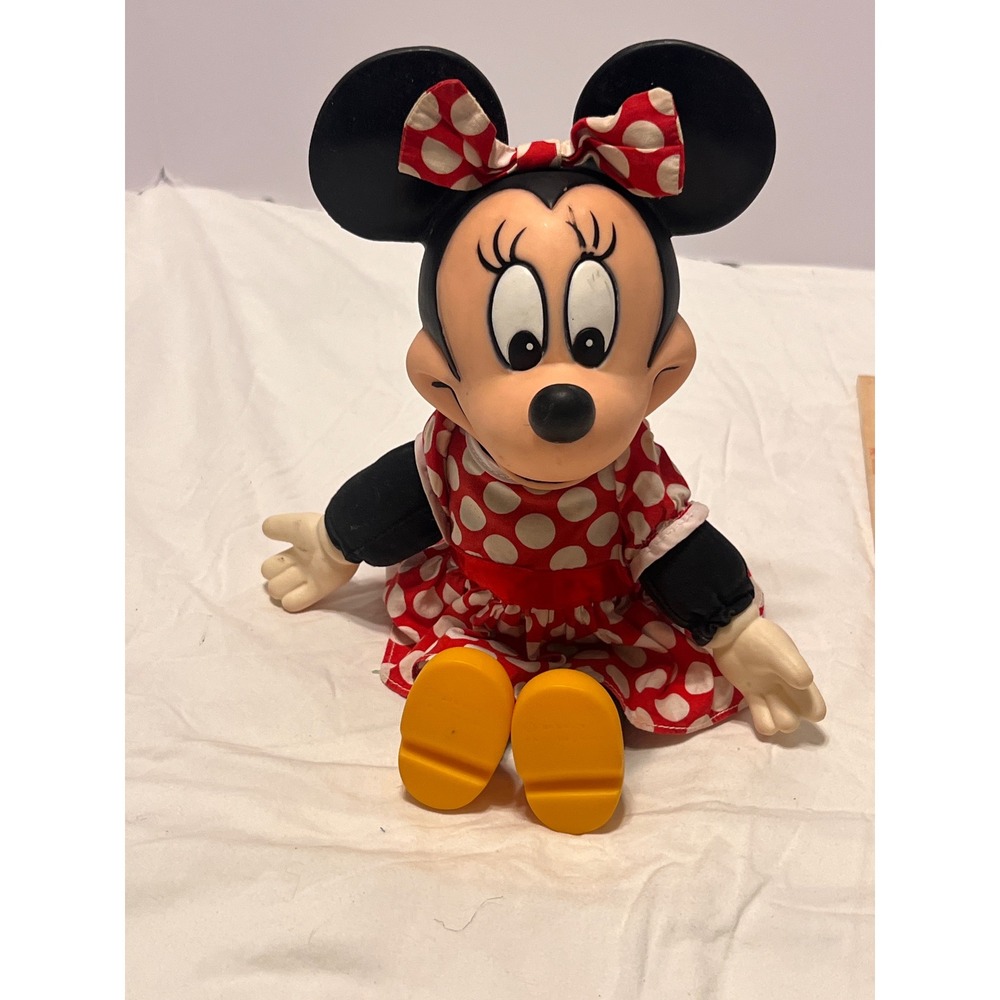Vintage Disney Minnie Mouse Plush Doll Vinyl Head Hands Polka Dot Dress 12 Inch